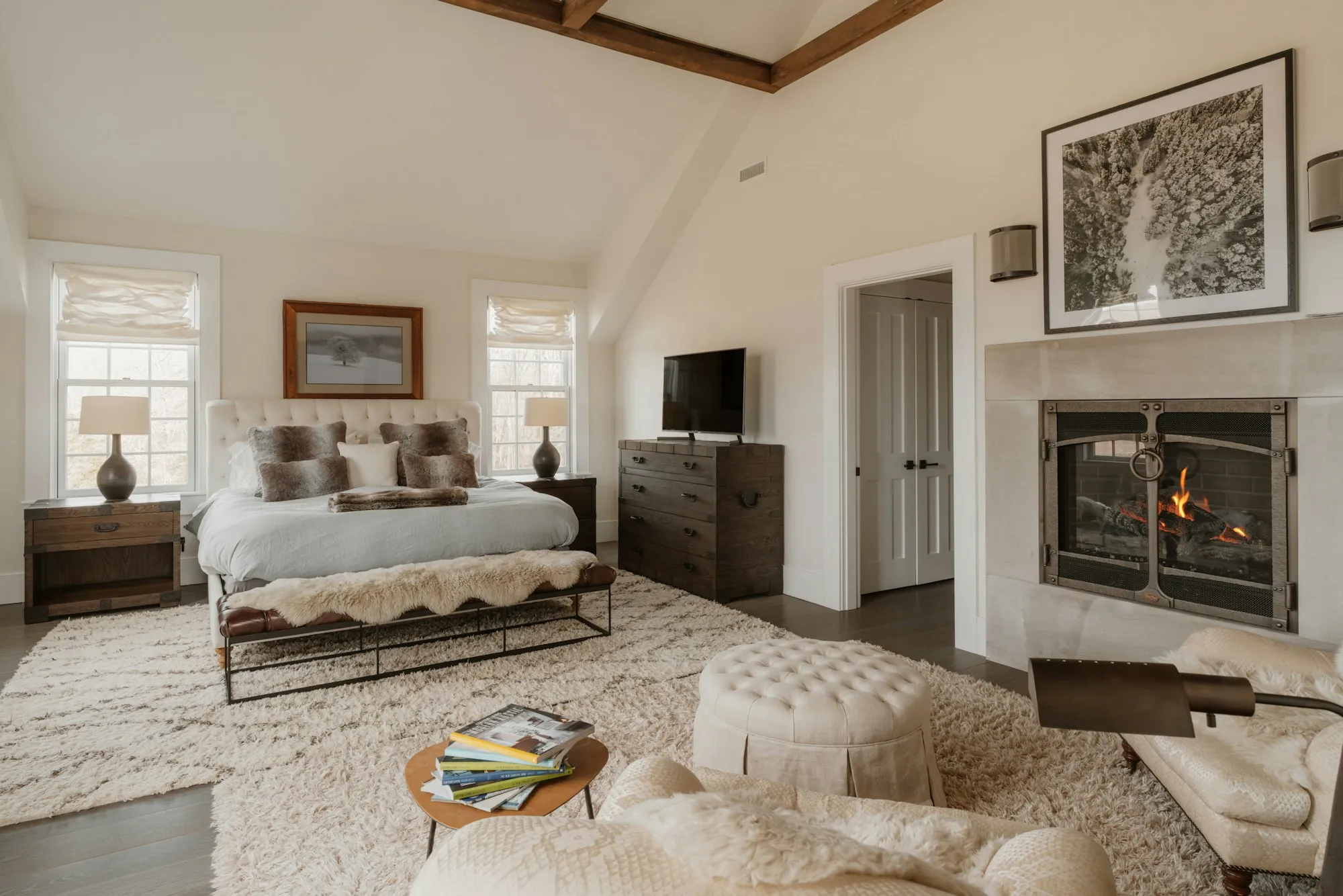Bright primary bedroom with a fireplace and an area rug